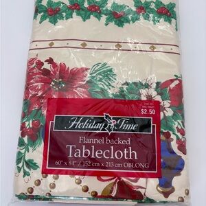 New Old Stock Vintage Holiday Time Poinsettia and Holly Flannel-Back Tablecloth